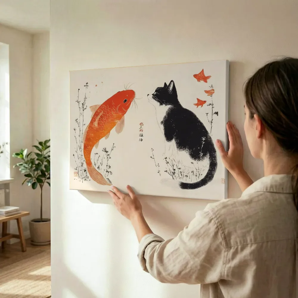 Sfeerimpressie: Koi vis en kat in Japanse print stijl terwijl het wordt opgehangen