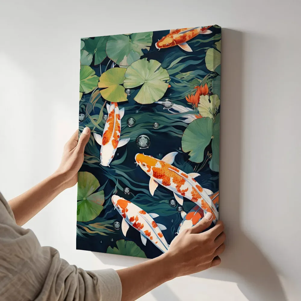Sfeerimpressie: Koi tussen waterlelies terwijl het aan de muur wordt gehangen