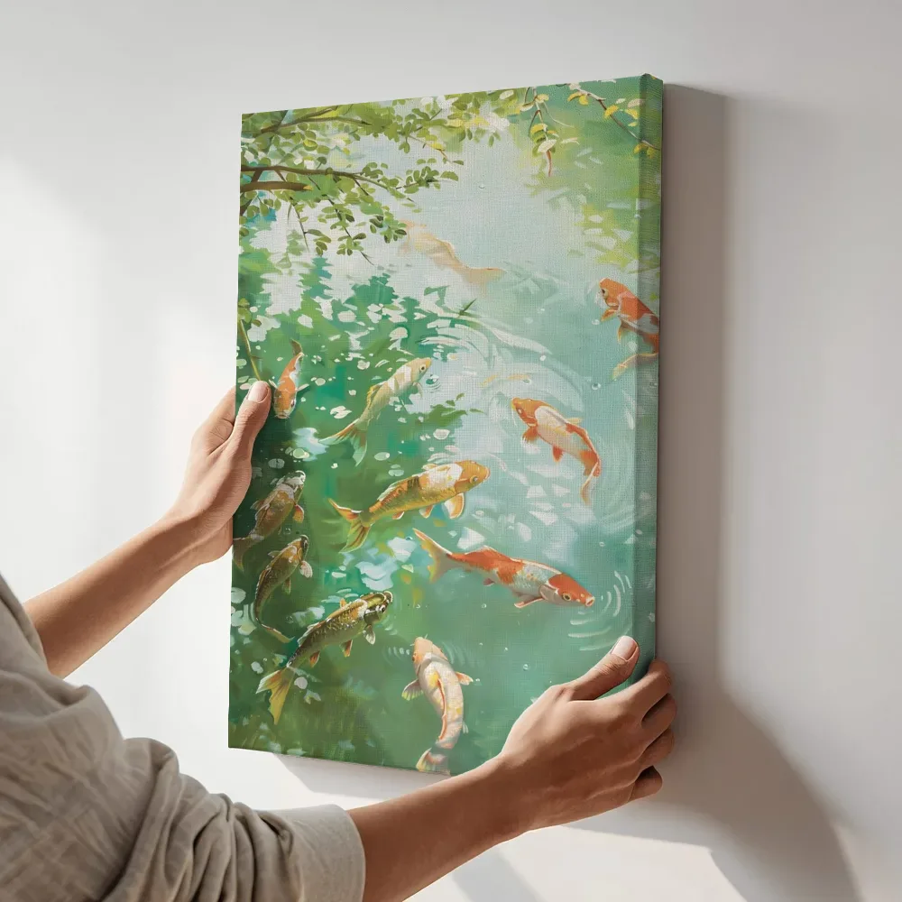 Sfeerimpressie: Koivissen in de vijver onder groene takken terwijl het aan de muur wordt gehangen