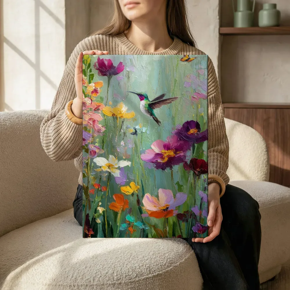 Sfeerimpressie: Kolibri in pastelgroene vlindertuin terwijl het zittend wordt getoond