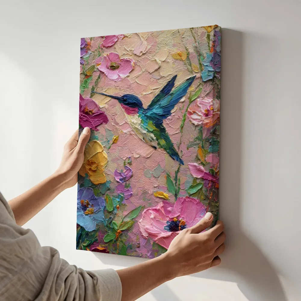 Sfeerimpressie: Kolibri in zachtroze bloesem terwijl het aan de muur wordt gehangen
