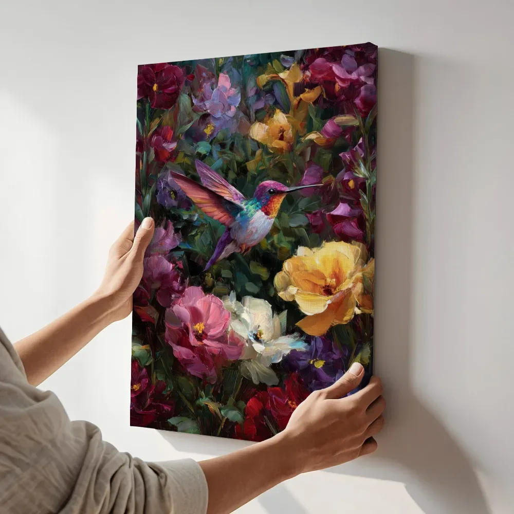 Sfeerimpressie: Kolibri tussen paarse nachtbloemen terwijl het aan de muur wordt gehangen