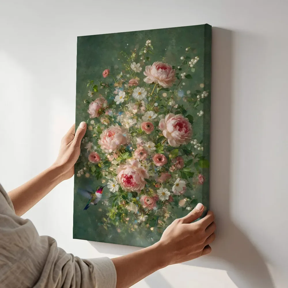 Sfeerimpressie: Kolibrie in roze tinten terwijl het aan de muur wordt gehangen