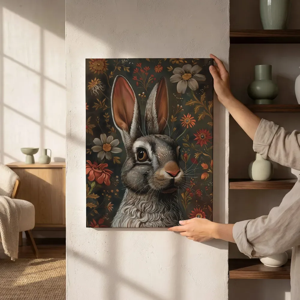 Sfeerimpressie: Konijnenportret met bloemen naast de kast