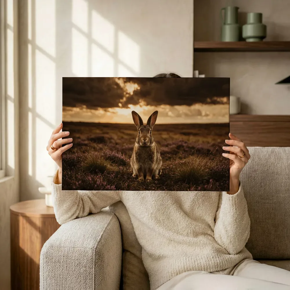 Sfeerimpressie: Konijn frontaal, een dreigende luchten met een sepia-gloed terwijl het omhoog wordt gehouden