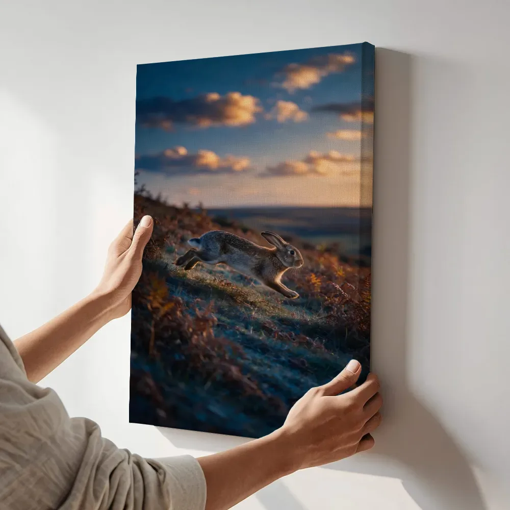 Sfeerimpressie: Konijn in beweging, een blauw-oranje schemering terwijl het aan de muur wordt gehangen