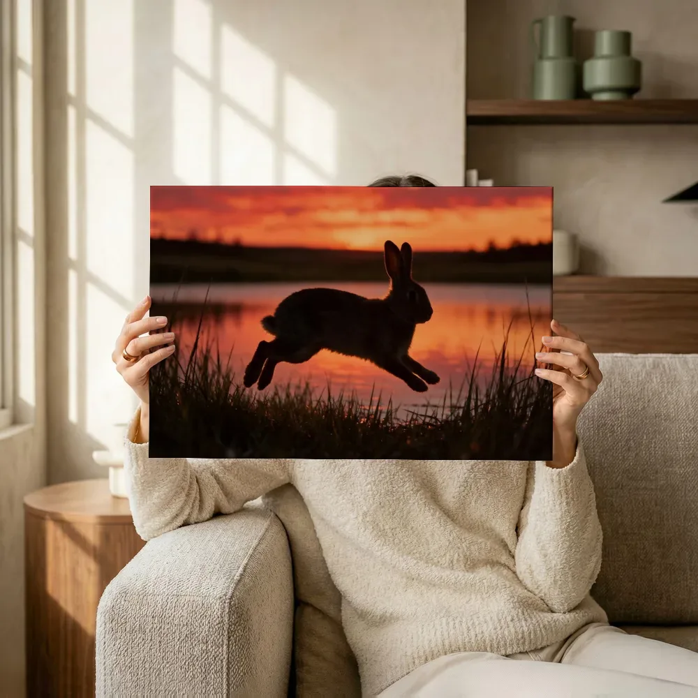 Sfeerimpressie: Konijn in beweging, een silhouet tegen een vurige zonsondergang terwijl het omhoog wordt gehouden