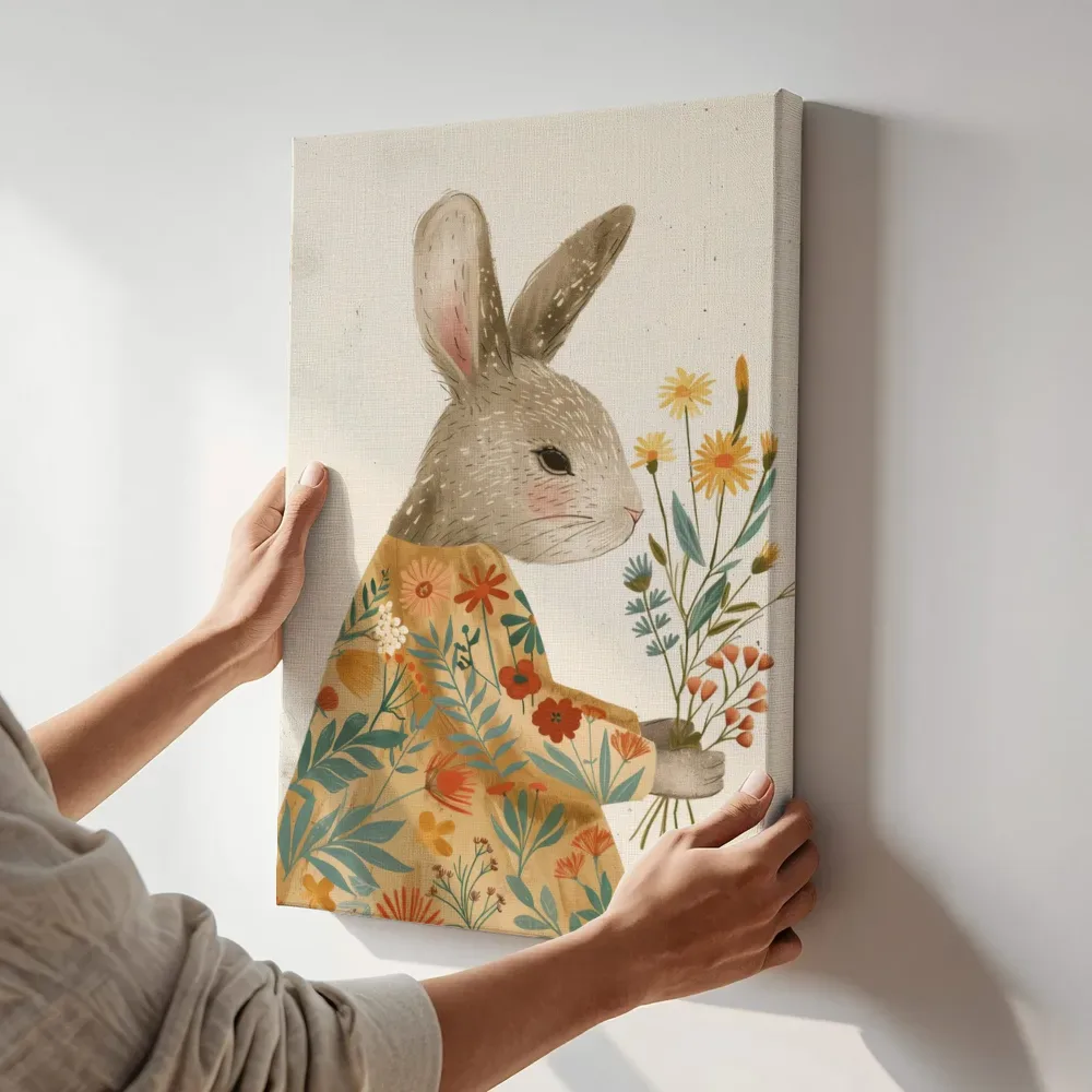 Sfeerimpressie: Konijn in bloemenponcho terwijl het aan de muur wordt gehangen