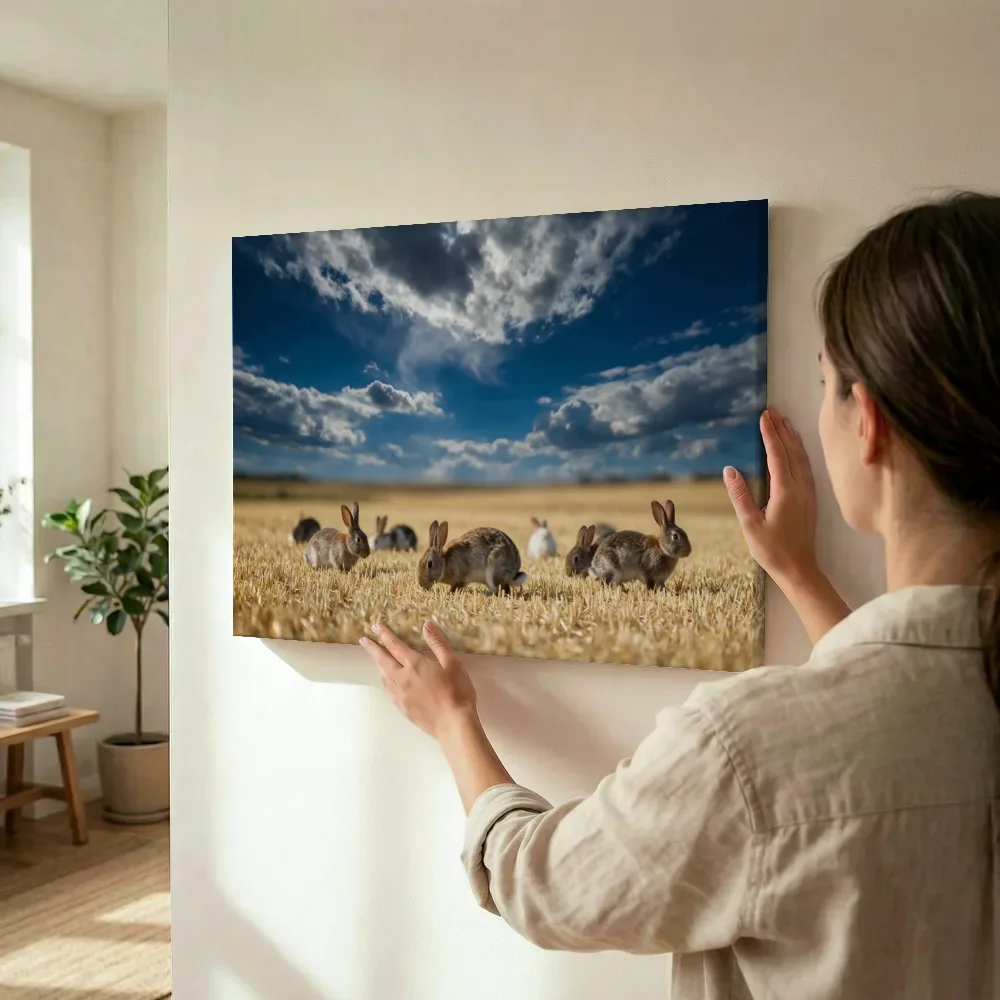 Sfeerimpressie: Konijn in het veld, een dramatische blauwe lucht terwijl het wordt opgehangen