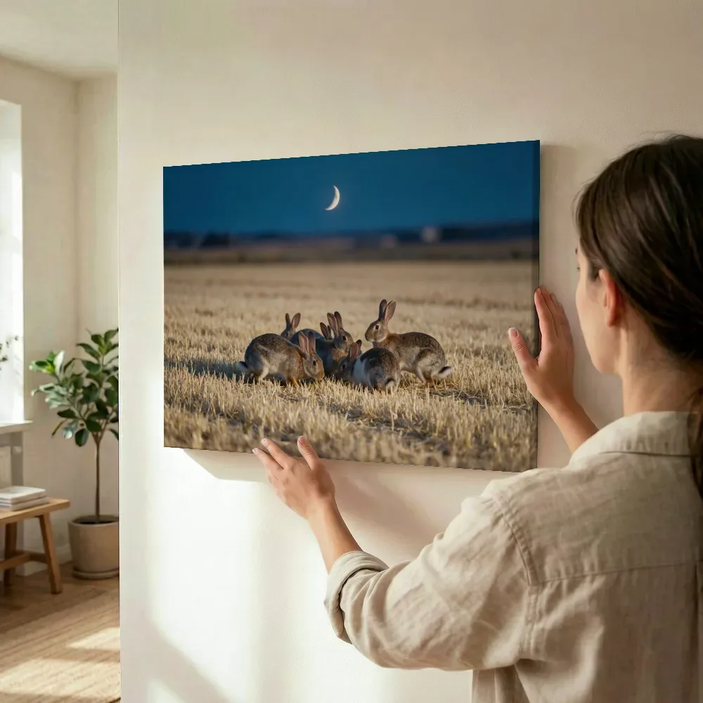 Sfeerimpressie: Konijn in kudde, het blauwe uur met een maansikkel terwijl het wordt opgehangen