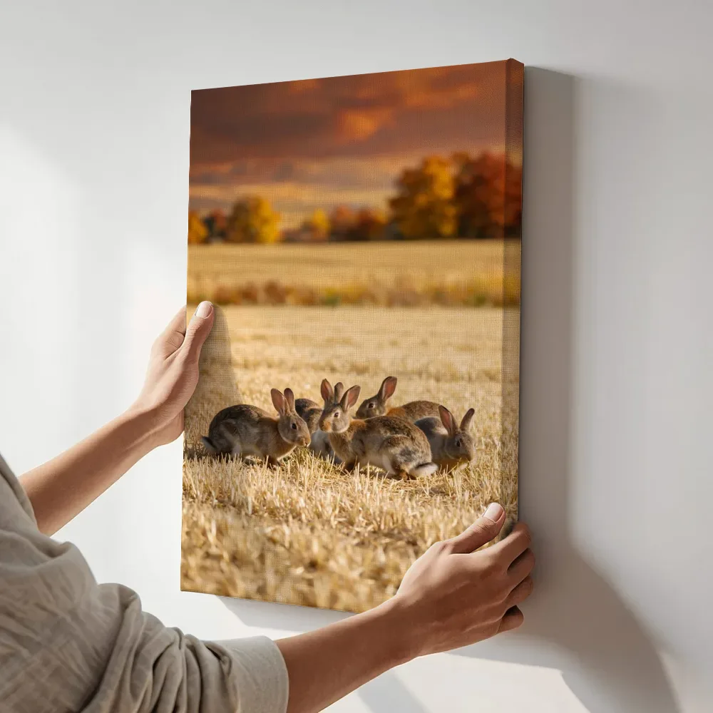 Sfeerimpressie: Konijn in kudde, volle herfstkleuren terwijl het aan de muur wordt gehangen