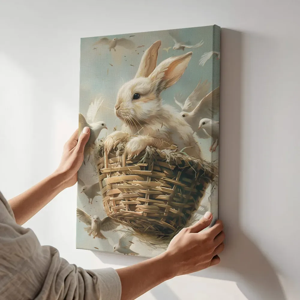 Sfeerimpressie: Konijn in nest met duiven terwijl het aan de muur wordt gehangen