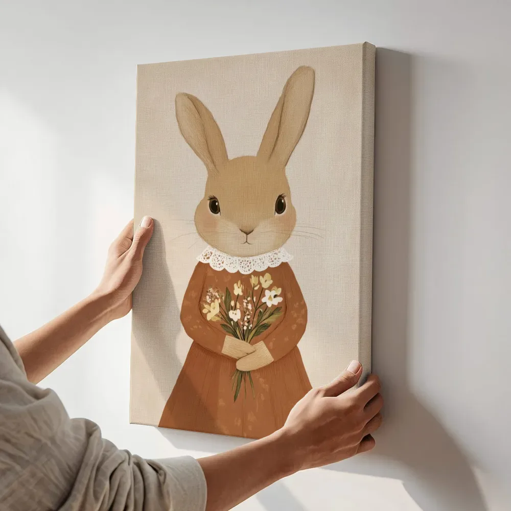 Sfeerimpressie: Konijn met bloemenboeket terwijl het aan de muur wordt gehangen