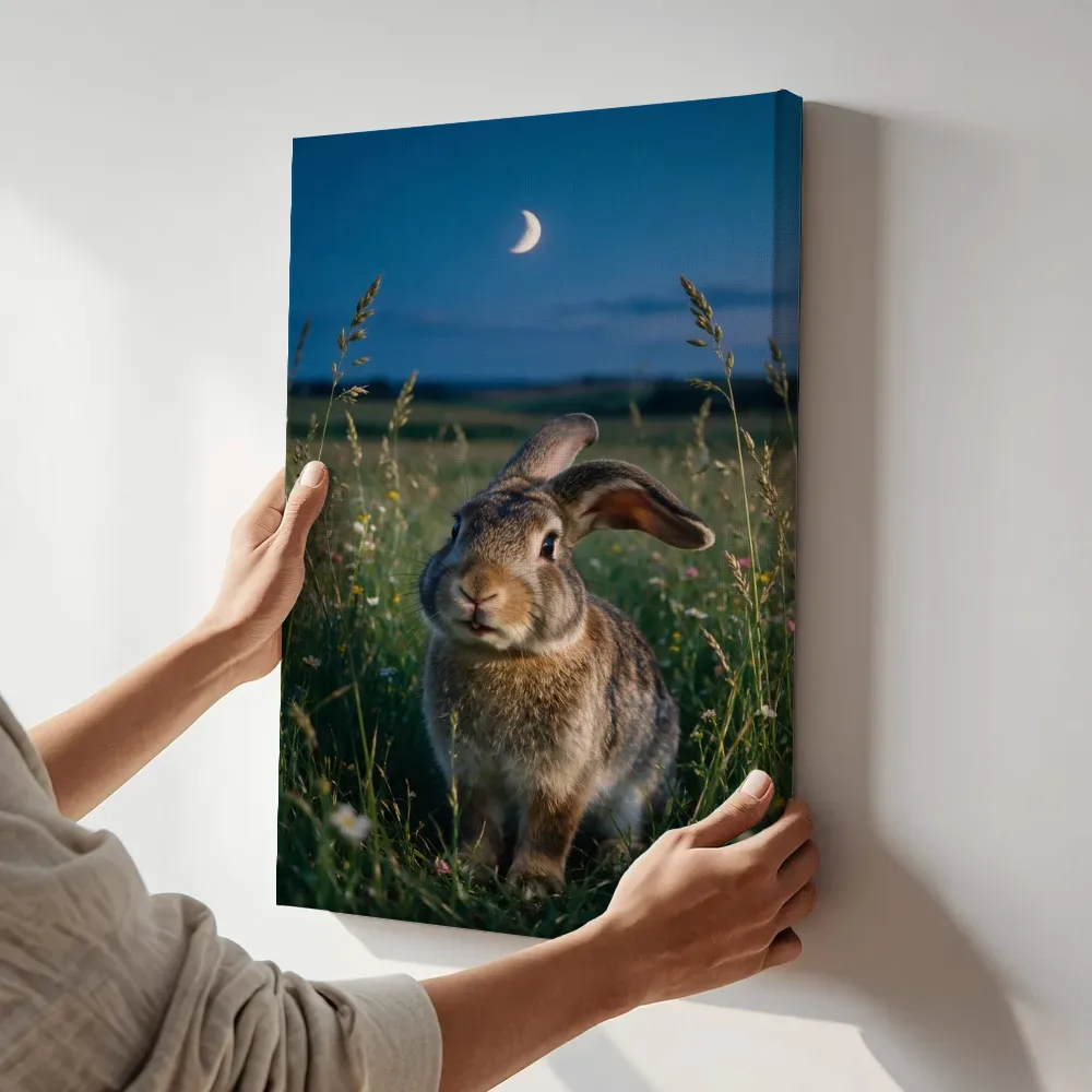 Sfeerimpressie: Konijn met flaporen, het blauwe uur met een maansikkel terwijl het aan de muur wordt gehangen