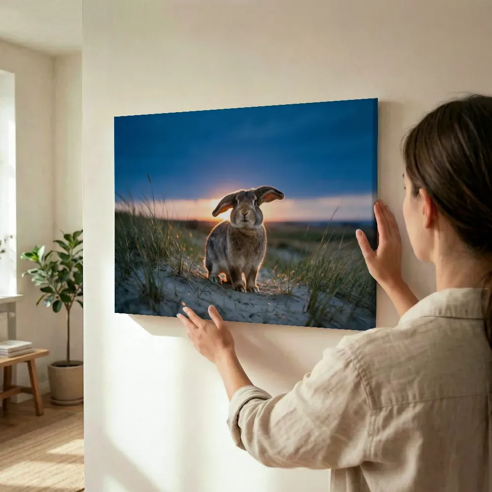 Sfeerimpressie: Konijn met flaporen, het felle tegenlicht van de ondergaande zon terwijl het wordt opgehangen