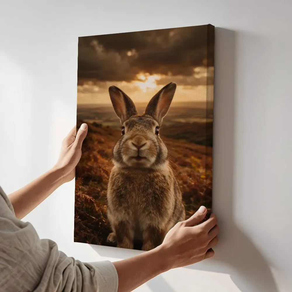 Sfeerimpressie: Konijn nieuwsgierig, een dreigende luchten met een sepia-gloed terwijl het aan de muur wordt gehangen