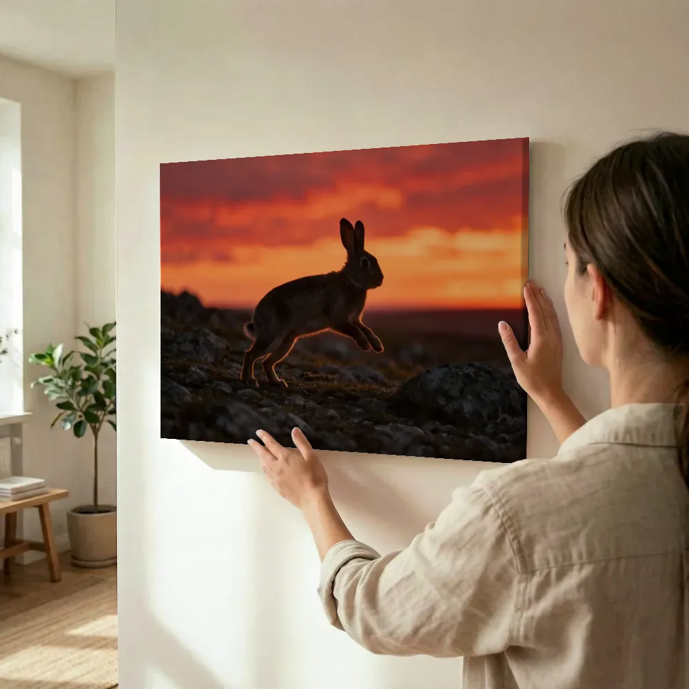 Sfeerimpressie: Konijn op afstand, een silhouet tegen een vurige zonsondergang terwijl het wordt opgehangen