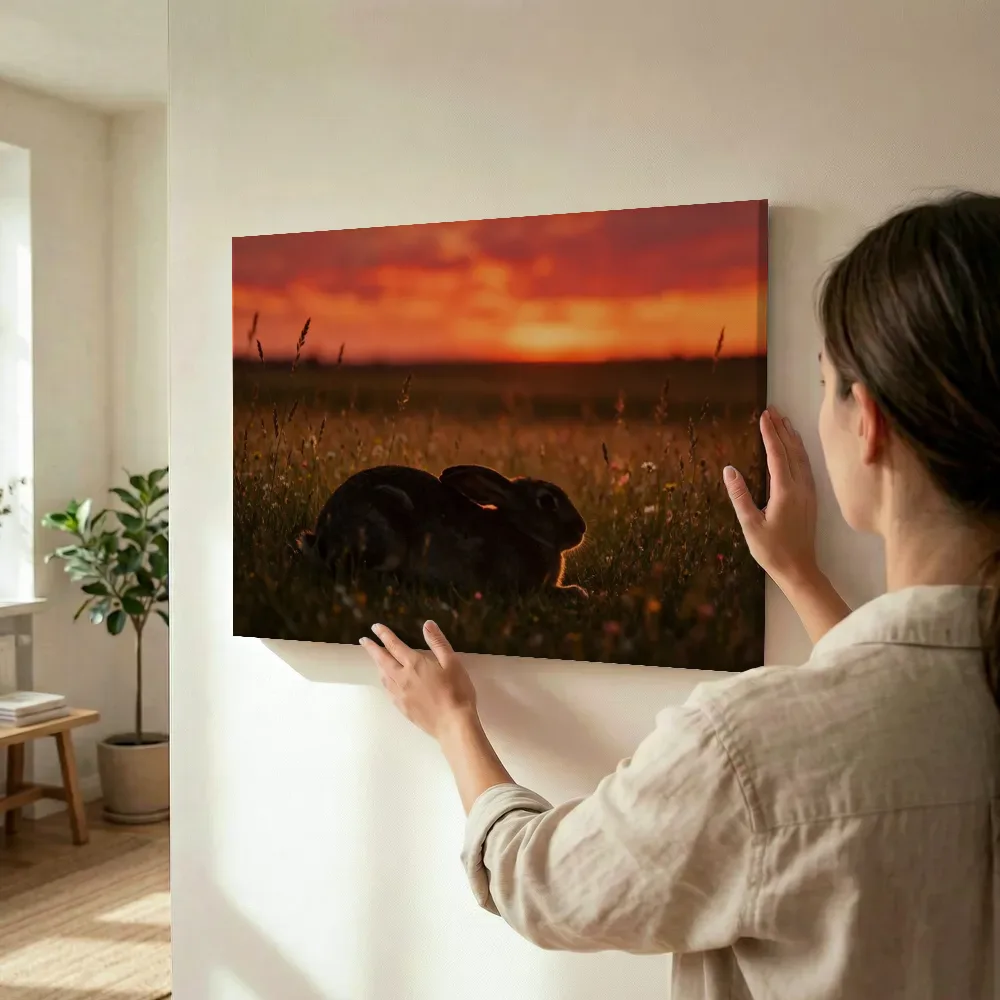Sfeerimpressie: Konijn rustend, een silhouet tegen een vurige zonsondergang terwijl het wordt opgehangen