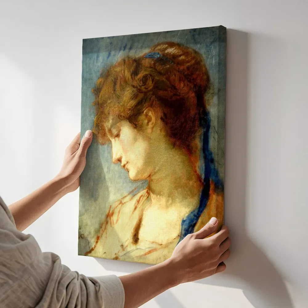 Sfeerimpressie: Kop van een vrouw met een blauw lint van Thomas Couture terwijl het aan de muur wordt gehangen