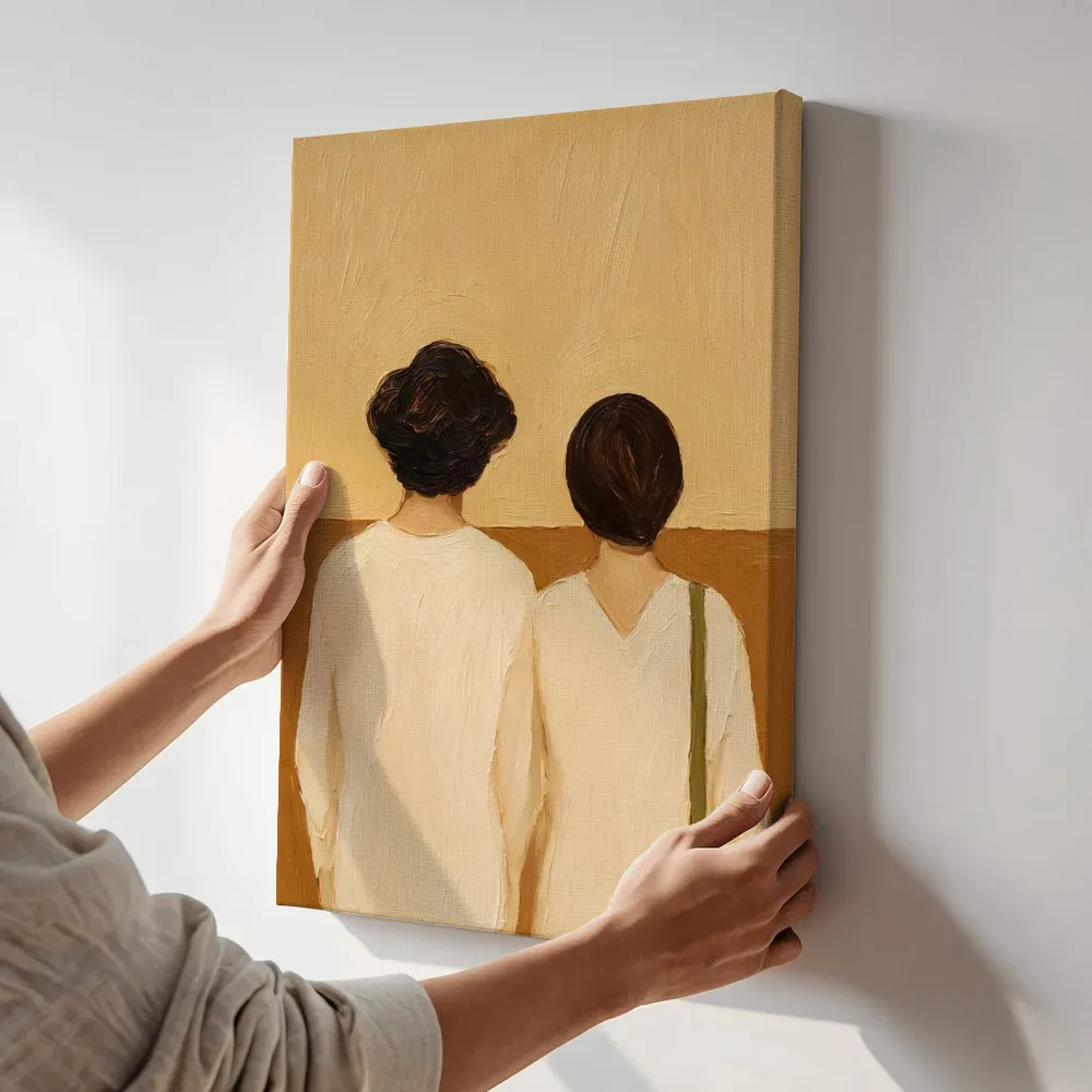 Sfeerimpressie: Koppel van de rug, olieverf in karamel terwijl het aan de muur wordt gehangen