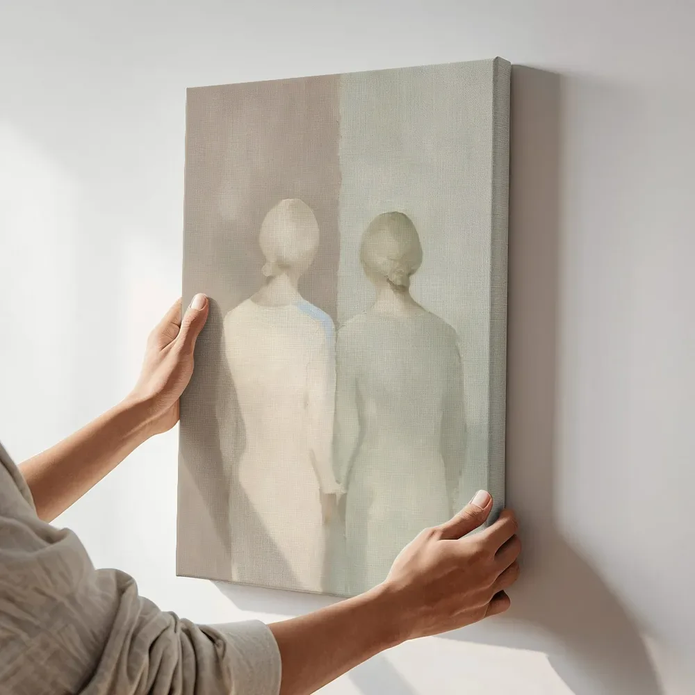 Sfeerimpressie: Koppel van de rug, olieverf in mist terwijl het aan de muur wordt gehangen