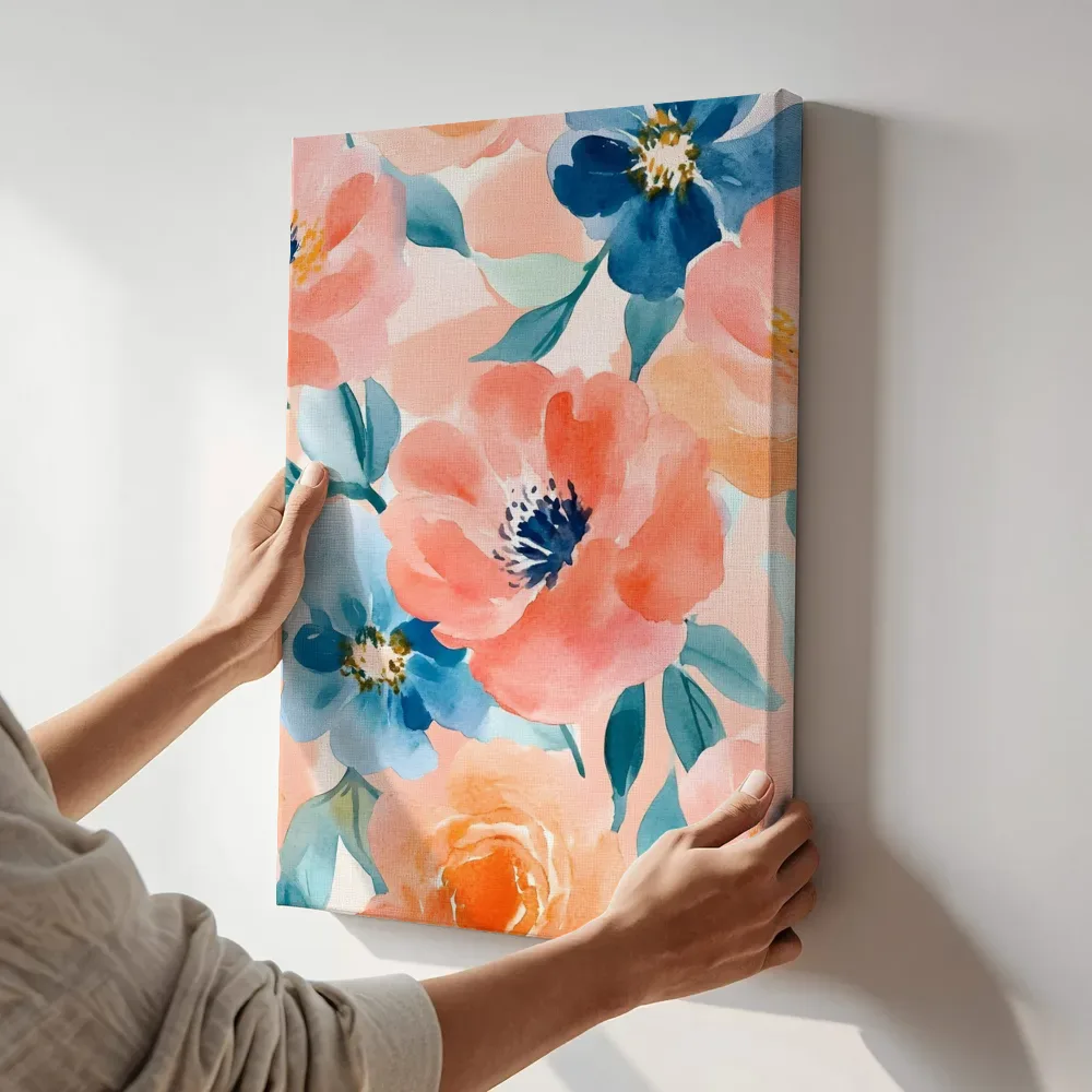 Sfeerimpressie: Koraal blauwe bloemenmix terwijl het aan de muur wordt gehangen