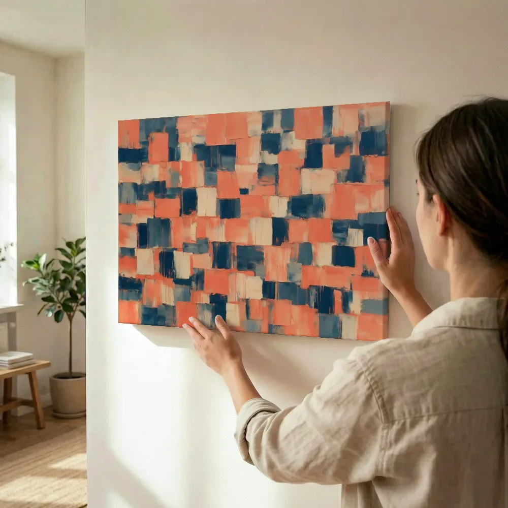 Sfeerimpressie: Koraal en pruisisch blauw als een muur van stenen terwijl het wordt opgehangen