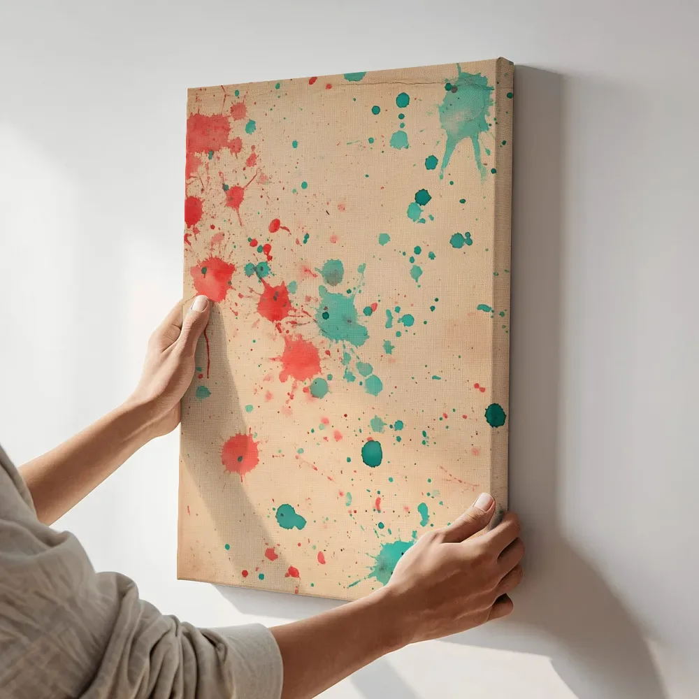 Sfeerimpressie: Koraal turquoise inktspetters terwijl het aan de muur wordt gehangen
