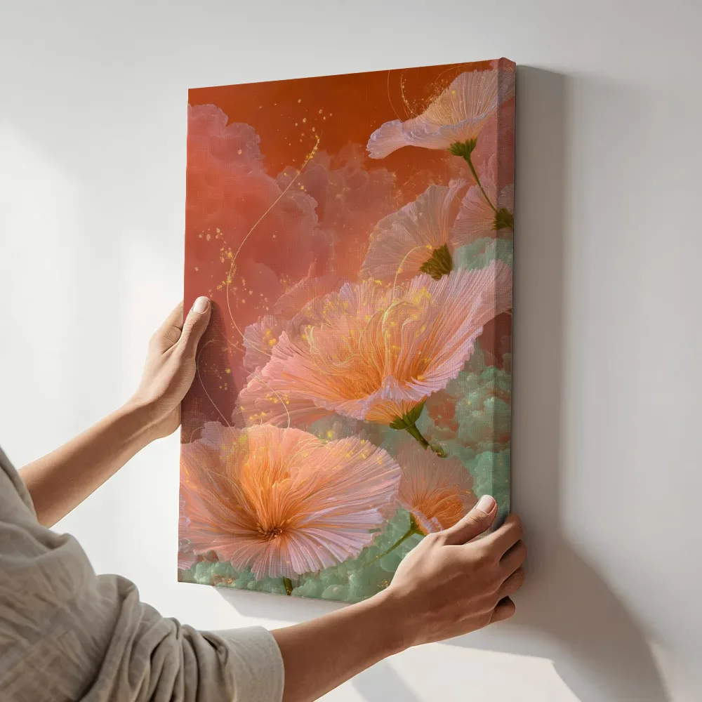 Sfeerimpressie: Koraalbloemen onder een vurige hemel terwijl het aan de muur wordt gehangen