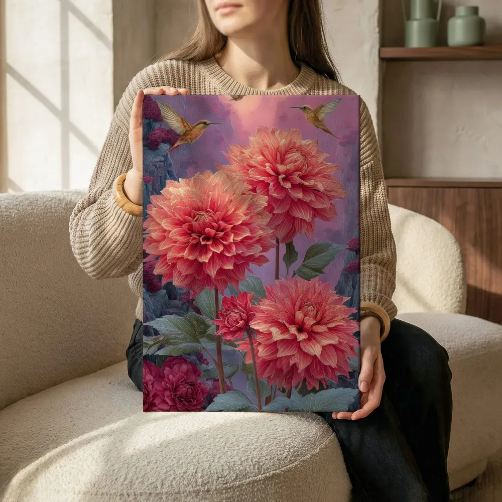 Sfeerimpressie: Dahlia's aan de roze bergwand terwijl het zittend wordt getoond