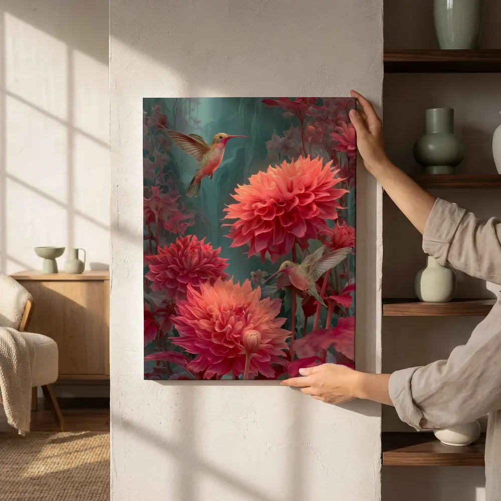 Sfeerimpressie: Koraalrode dahlia's in nevelig groen naast de kast