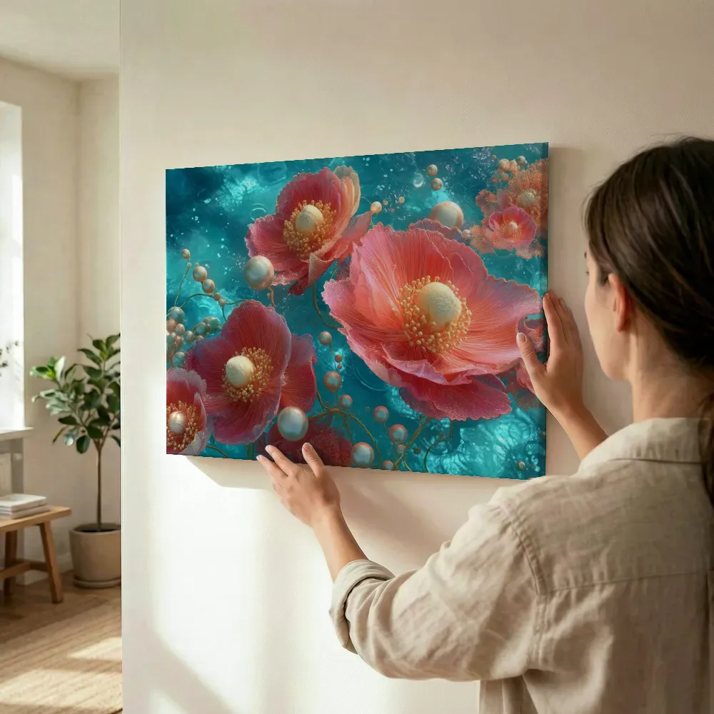 Sfeerimpressie: Koraalrode bloemen met parelketting terwijl het wordt opgehangen