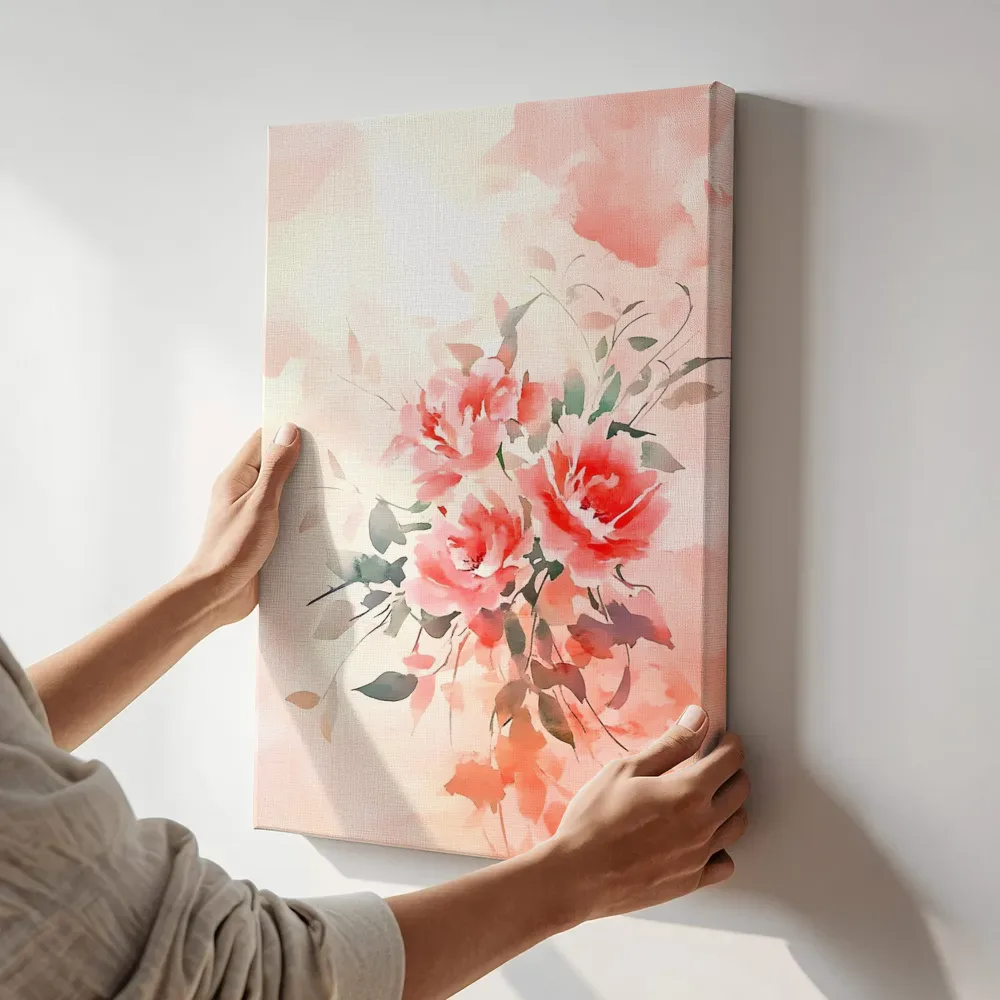 Sfeerimpressie: Koraalrode rozen terwijl het aan de muur wordt gehangen
