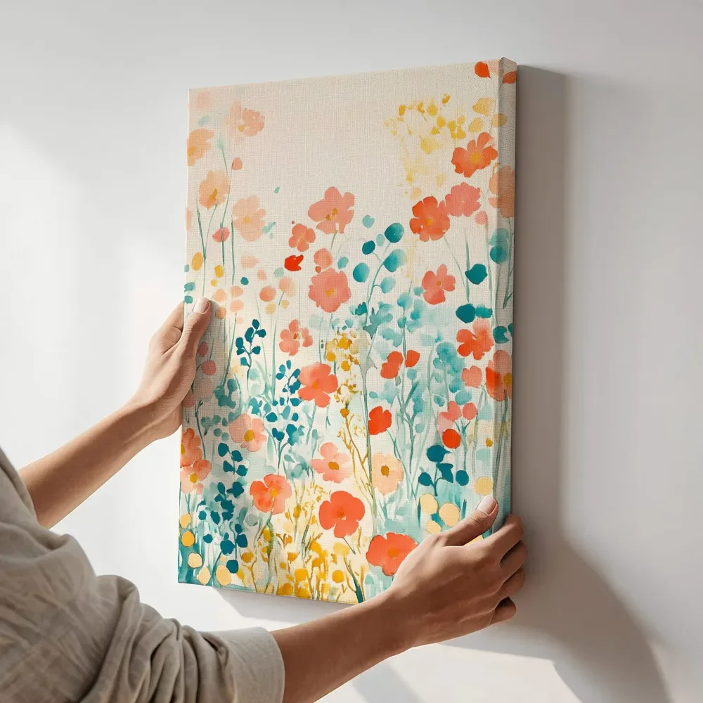 Sfeerimpressie: Koraalrode wilde bloemenweide terwijl het aan de muur wordt gehangen