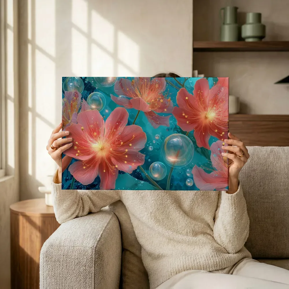 Sfeerimpressie: Koraalroze bloemen onder water terwijl het omhoog wordt gehouden