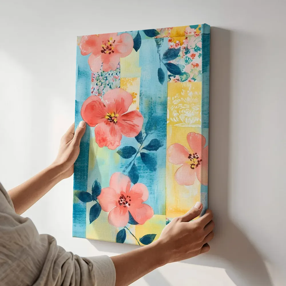 Sfeerimpressie: Koraalroze bloemen op turquoise terwijl het aan de muur wordt gehangen