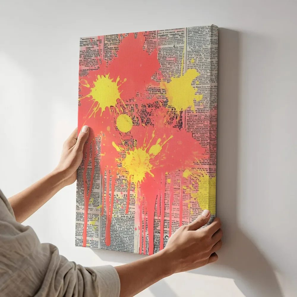 Sfeerimpressie: Koraalroze inktexplosie terwijl het aan de muur wordt gehangen
