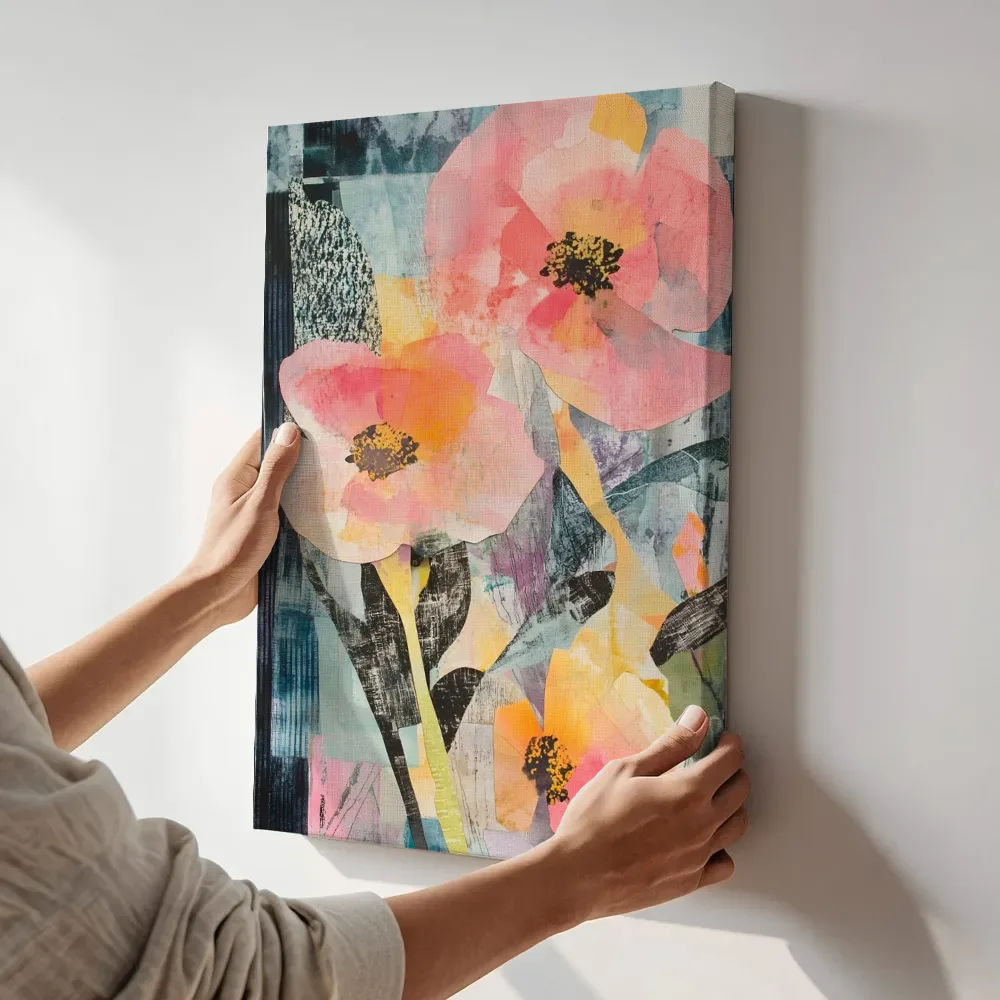 Sfeerimpressie: Koraalroze klaprozen collage terwijl het aan de muur wordt gehangen