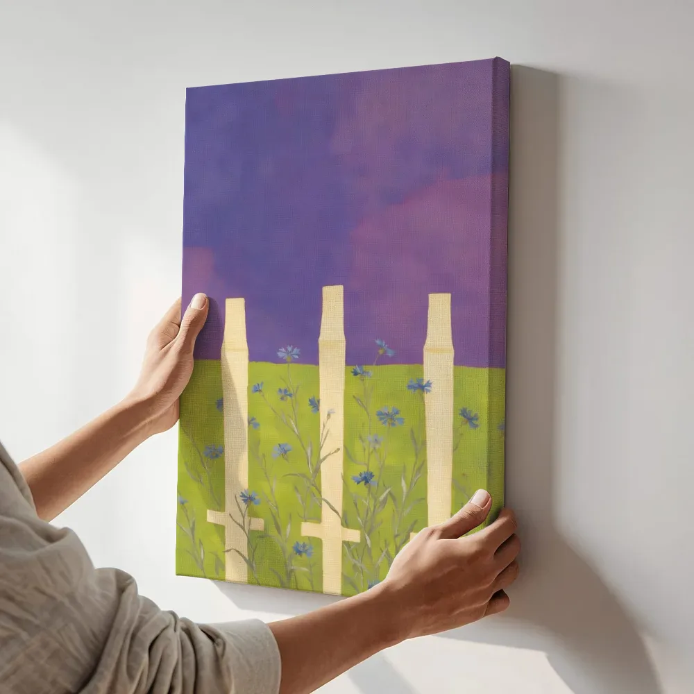 Sfeerimpressie: Korenbloemenveld in violet en limoen terwijl het aan de muur wordt gehangen