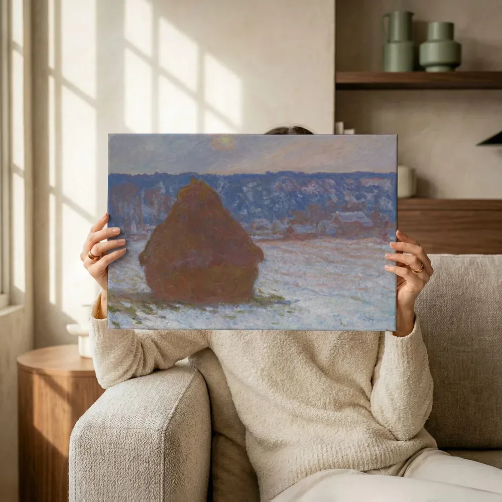 Sfeerimpressie: Korenmijt in de sneeuw op een bewolkte dag van Claude Monet terwijl het omhoog wordt gehouden