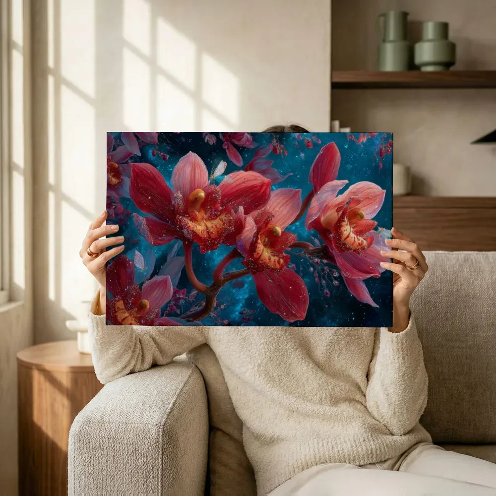 Sfeerimpressie: Kosmische orchideeën in vuurtinten terwijl het omhoog wordt gehouden