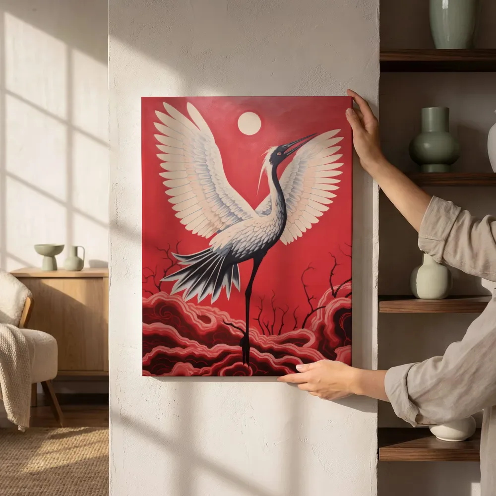 Sfeerimpressie: Kraanvogel bij volle maan naast de kast