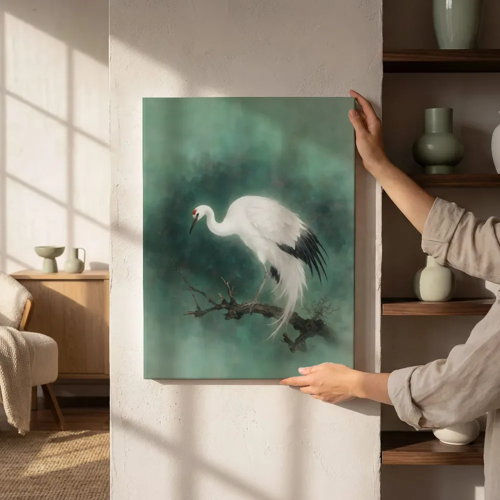 Sfeerimpressie: Kraanvogel in jade naast de kast