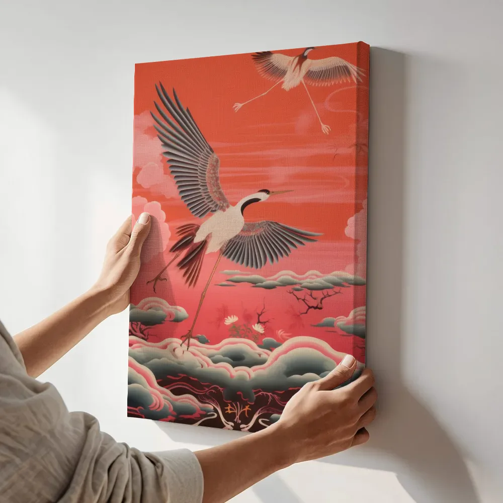 Sfeerimpressie: Kraanvogels in de ochtendgloren terwijl het aan de muur wordt gehangen