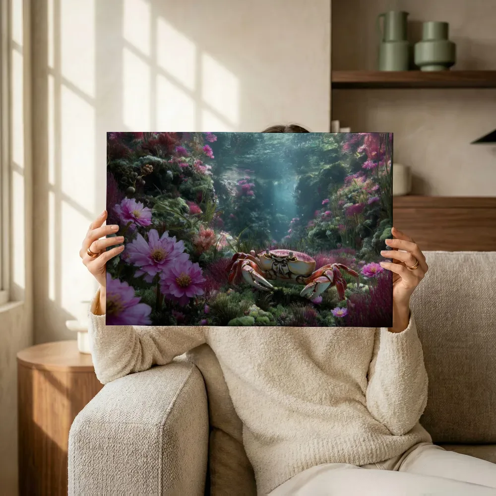 Sfeerimpressie: Krab in het roze bloemenrijk terwijl het omhoog wordt gehouden