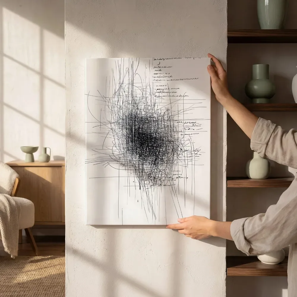 Sfeerimpressie: Krabbeltekening in inkt naast de kast