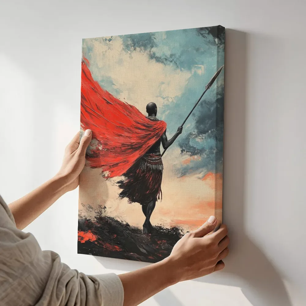 Sfeerimpressie: Krijger met rode mantel terwijl het aan de muur wordt gehangen