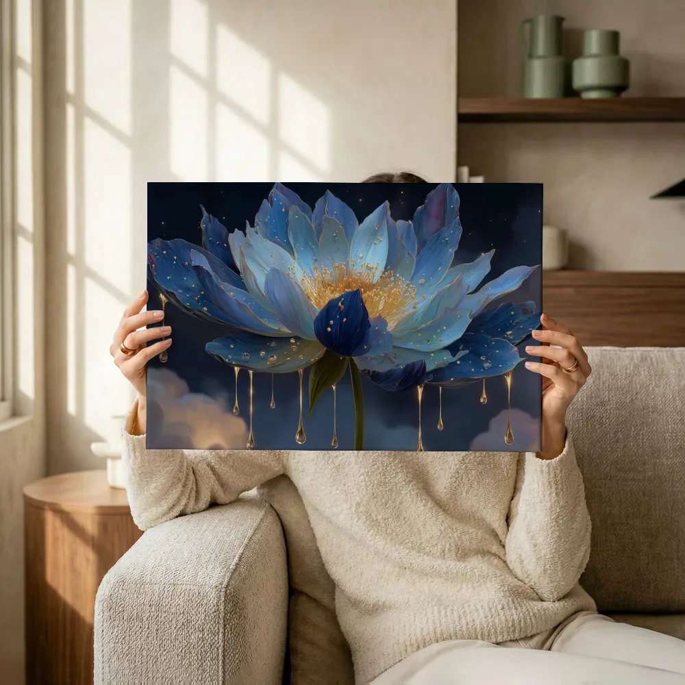 Sfeerimpressie: Kristallen lotus in het duister terwijl het omhoog wordt gehouden