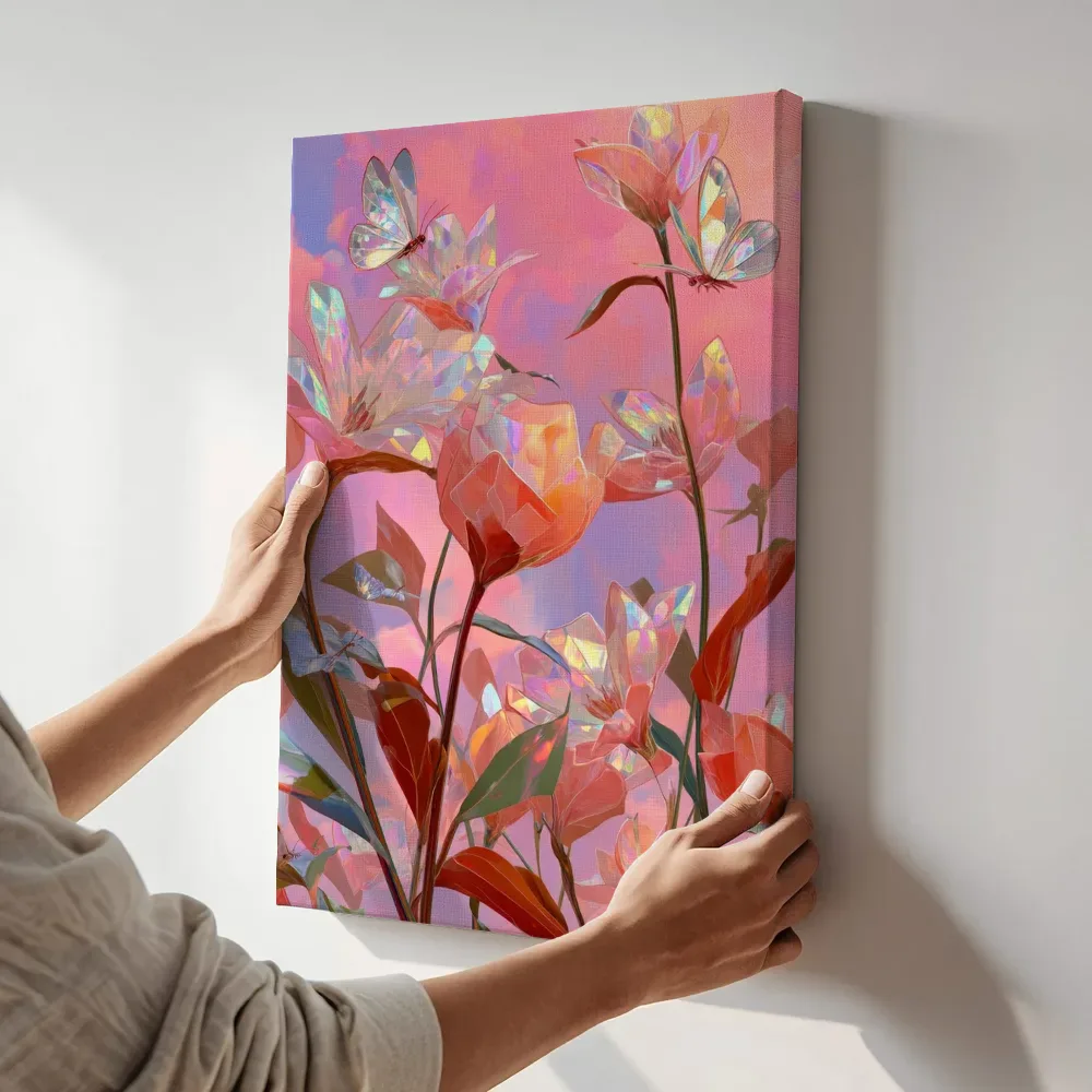 Sfeerimpressie: Kristallen tulpen bij zonsondergang terwijl het aan de muur wordt gehangen