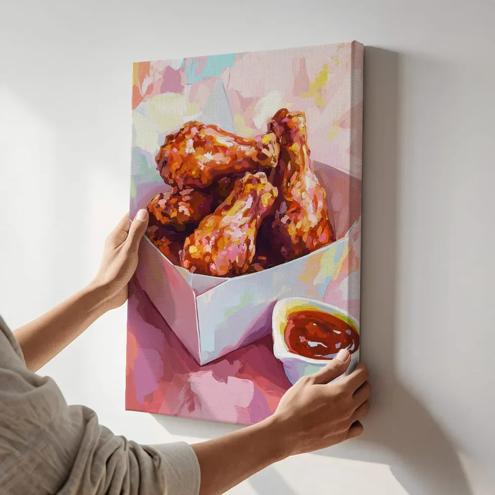 Sfeerimpressie: Krokante kippenbouten met saus terwijl het aan de muur wordt gehangen
